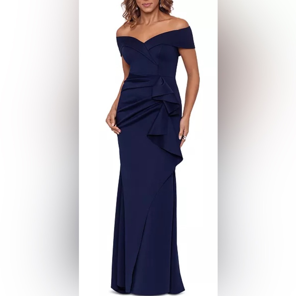 Petite Off-The-Shoulder Ruffle Gown
Color: Midnight 10P